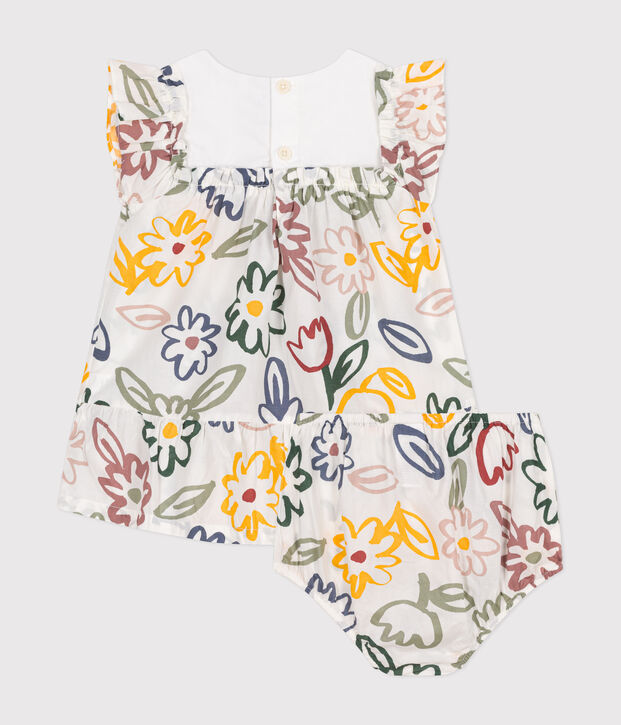 Vestido de manga corta y pololo de popelina para beb&eacute; blanco/multicolor