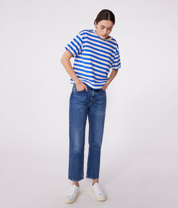 Camiseta Boxy de algod&oacute;n a rayas para mujer crudo/multicolor
