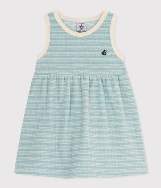 Vestido sin mangas de rizo a rayas para beb&eacute; verde/crudo