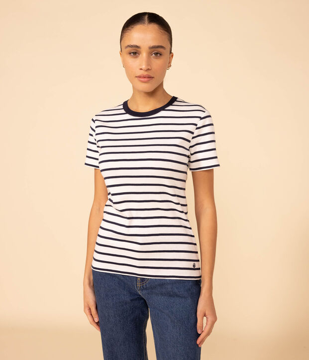 Camiseta L'ICONIQUE de algod&oacute;n con cuello redondo para mujer blanco/azul