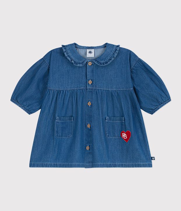 Vestido denim de manga larga con cuello para beb&eacute; azul