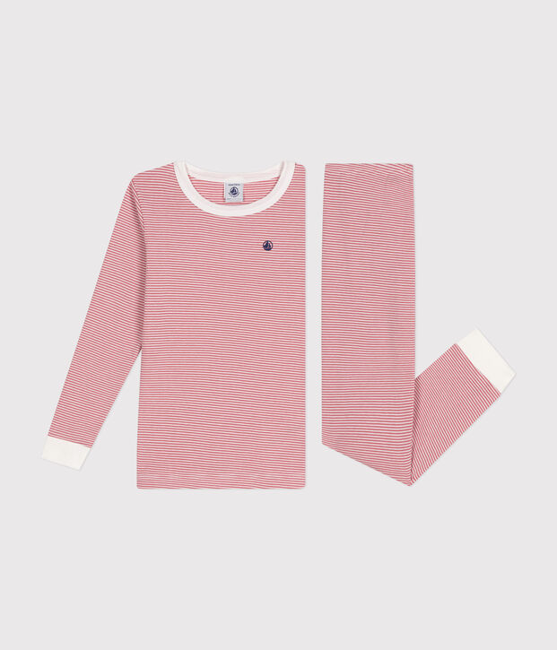 Pijama infantil ajustado de algod&oacute;n a rayas rosa/blanco