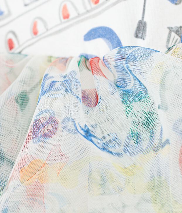Vestido infantil de manga corta de algod&oacute;n y tul con estampado blanco/multicolor