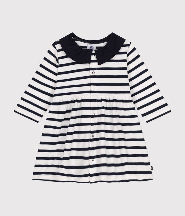 Vestido de manga larga de punto jersey grueso de beb&eacute; blanco/azul