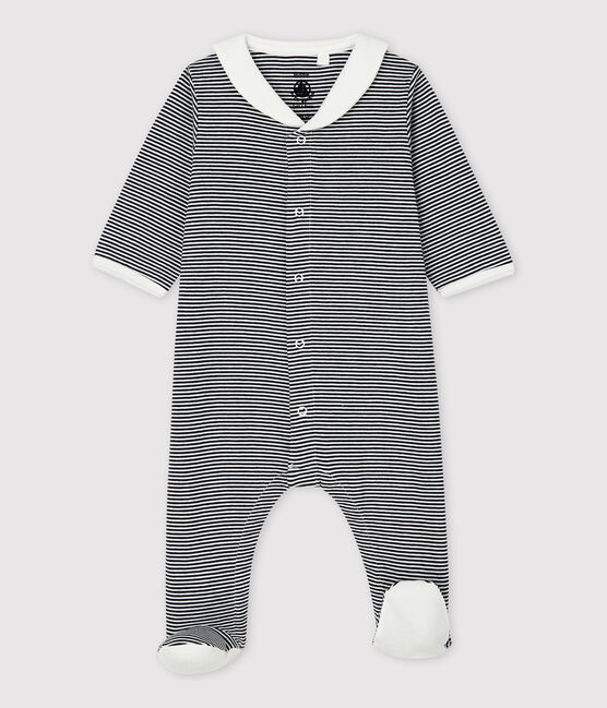 Pijama enterizo de rayas con cuello de marinero de bebé de algodón ecológico azul SMOKING/blanco MARSHMALLOW