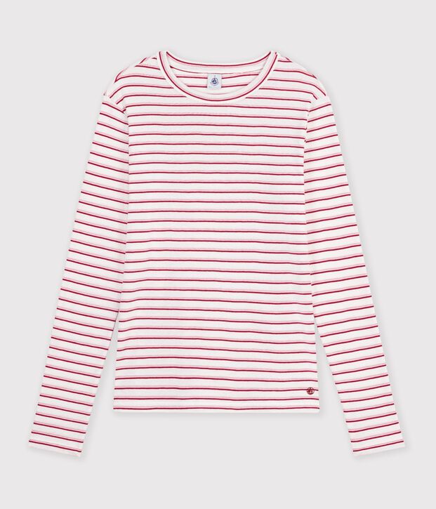 Camiseta de manga larga de algod&oacute;n a rayas para mujer blanco/rojo