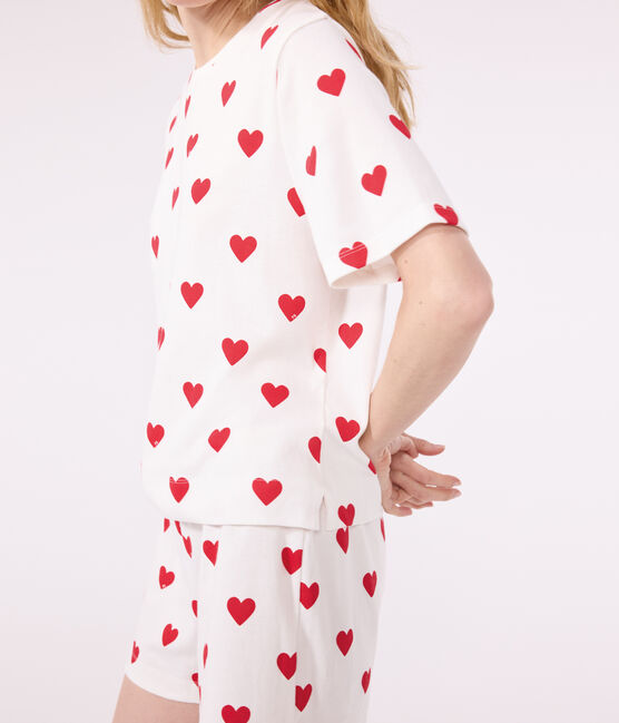 Pijama corto de algodón con corazón para mujer blanco MARSHMALLOW/rojo TERKUIT