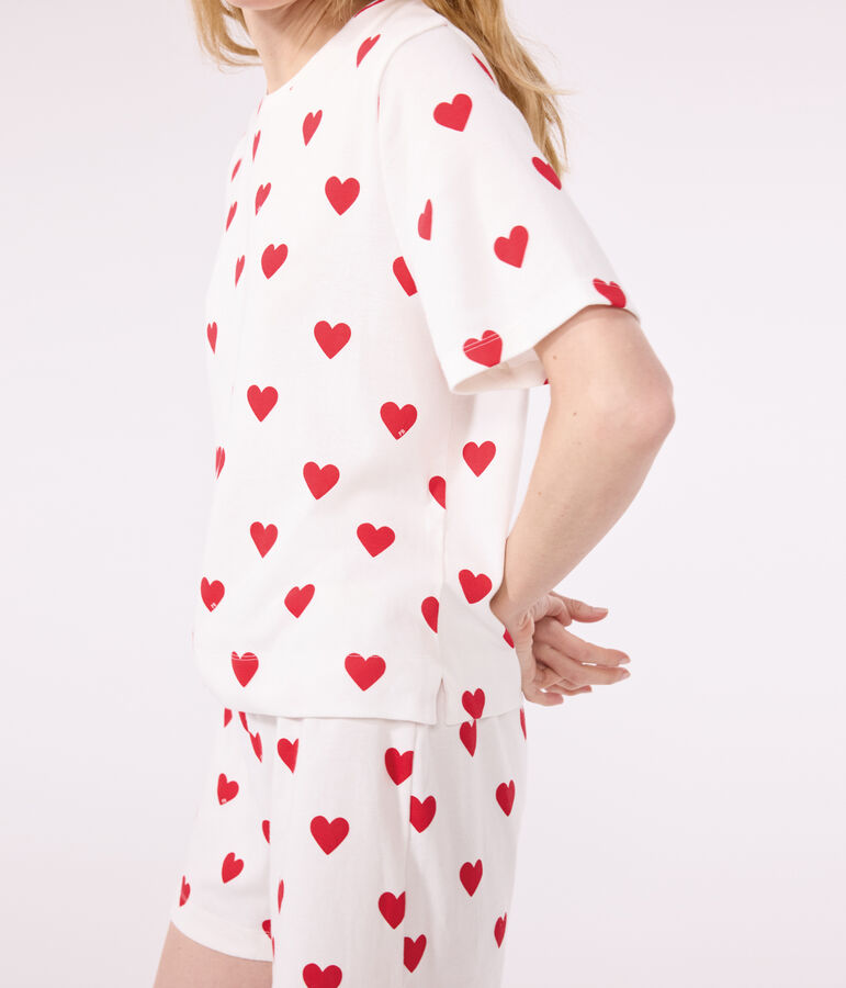 Pijama corto de algod&oacute;n con coraz&oacute;n para mujer blanco/rojo