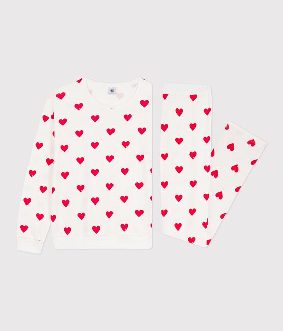 Pijama de algodón con estampado de corazones para mujer blanco MARSHMALLOW/rojo TERKUIT