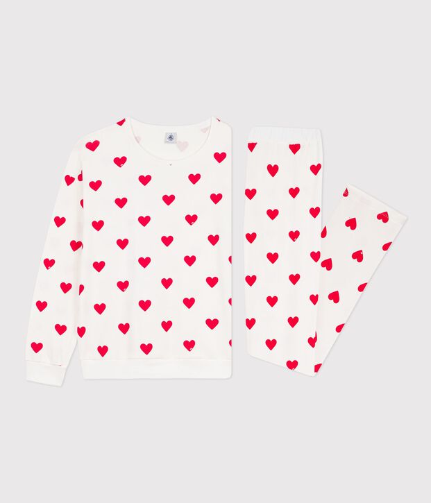 Pijama de algod&oacute;n con estampado de corazones para mujer blanco/rojo