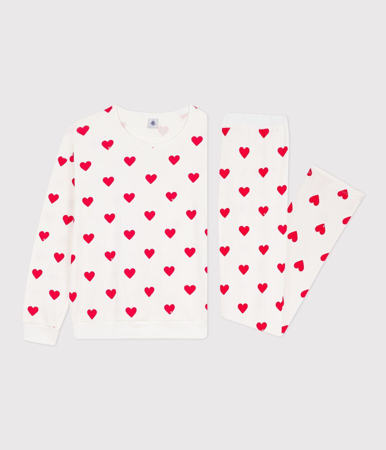 Pijama de algod&oacute;n con estampado de corazones para mujer blanco/rojo