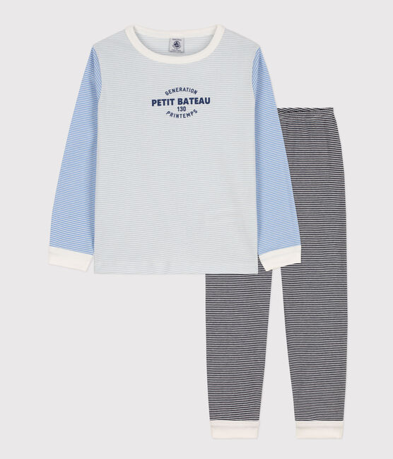 Pijama de algodón milrayas tricolor para niño/niña azul SMOKING/blanco MULTICO