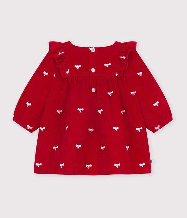 Vestido de terciopelo de manga larga con bordados de lazos para beb&eacute; rojo/crudo