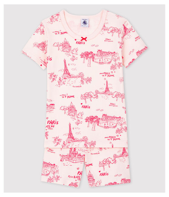 Pijama corto snugfit de tela de Jouy París de algodón de niña rosa FLEUR/rosa GROSEILLER