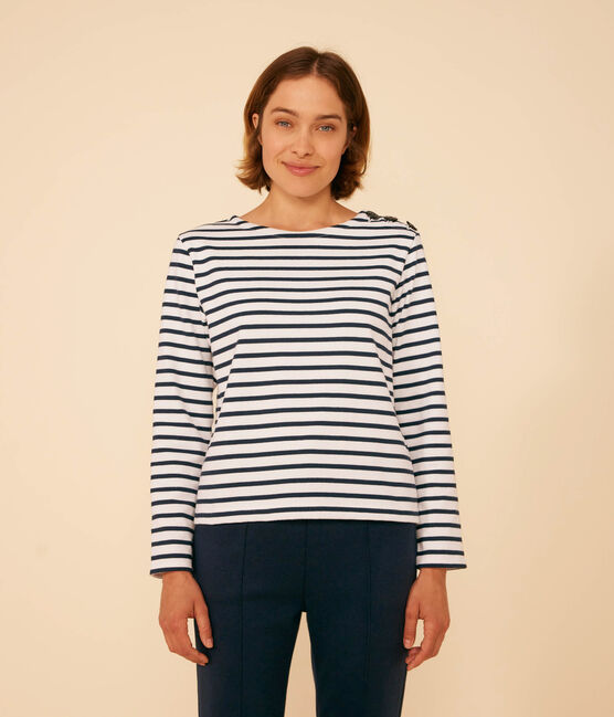 Marinera de algodón con botones para mujer blanco MARSHMALLOW/azul SMOKING