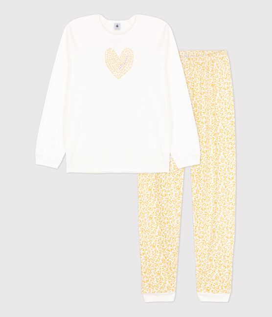 Pijama de flores de niña bimaterial blanco MARSHMALLOW/blanco MULTICO