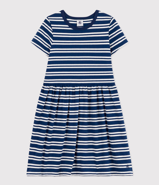 Vestido de manga corta de algodón a rayas para niña azul MEDIEVAL/blanco MARSHMALLOW