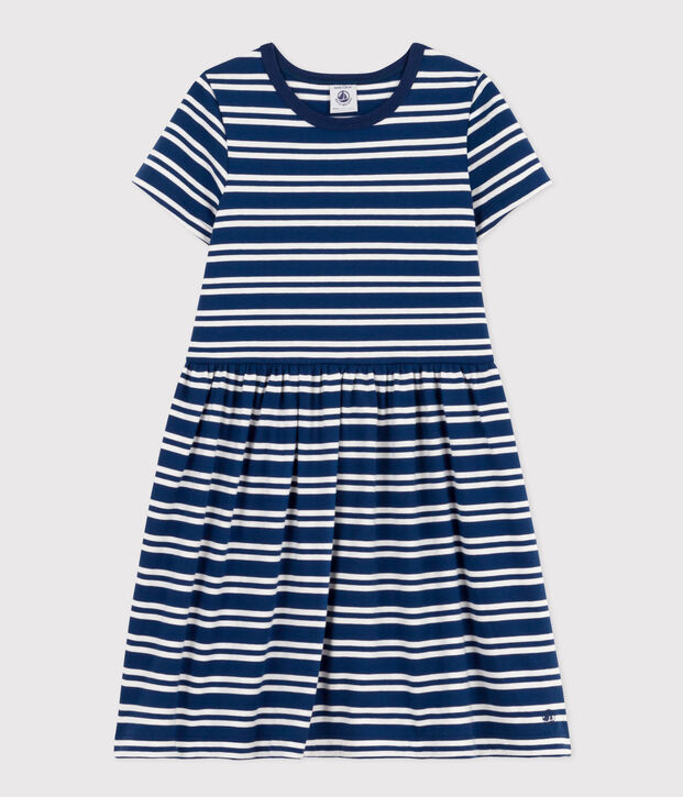 Vestido de manga corta de algod&oacute;n a rayas para ni&ntilde;a azul/blanco