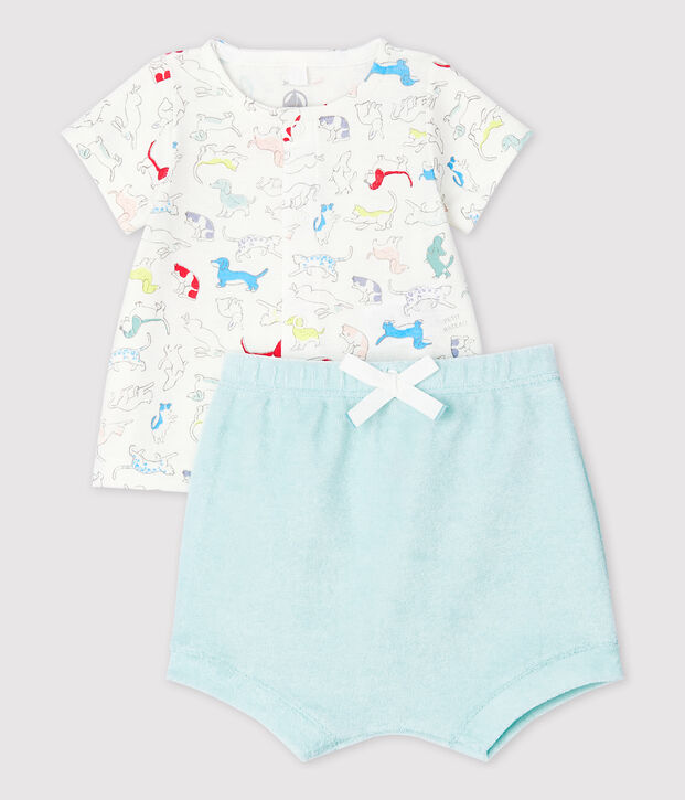 Conjunto de 2 prendas de perritos de colores de beb&eacute; en rizo de esponja y algod&oacute;n ecol&oacute;gico blanco/multicolor