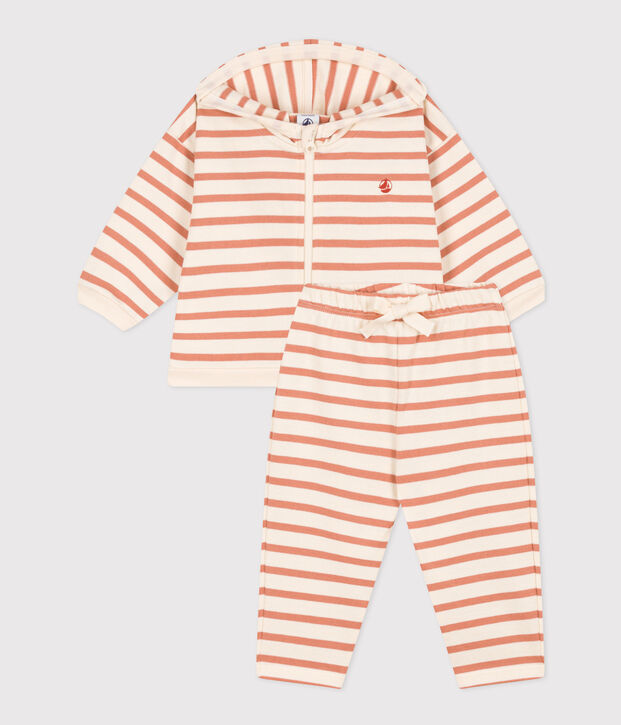 Conjunto de punto grueso con rayas marineras para beb&eacute; crudo/rosa