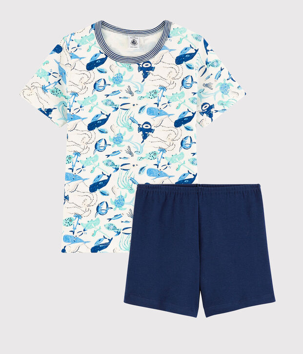 Pijama corto con animales marinos de ni&ntilde;o de algod&oacute;n blanco/multicolor