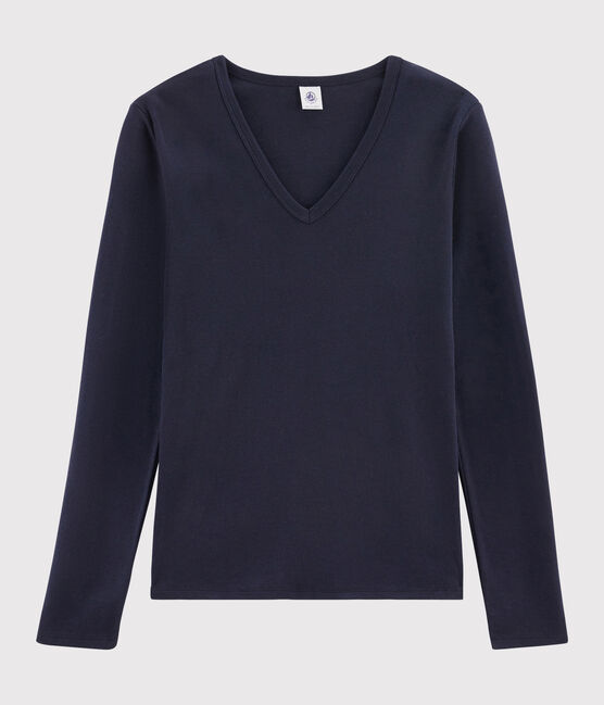 Camiseta de cuello de pico emblemática de algodón de mujer azul SMOKING