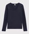 Camiseta de cuello de pico emblemática de algodón de mujer azul SMOKING