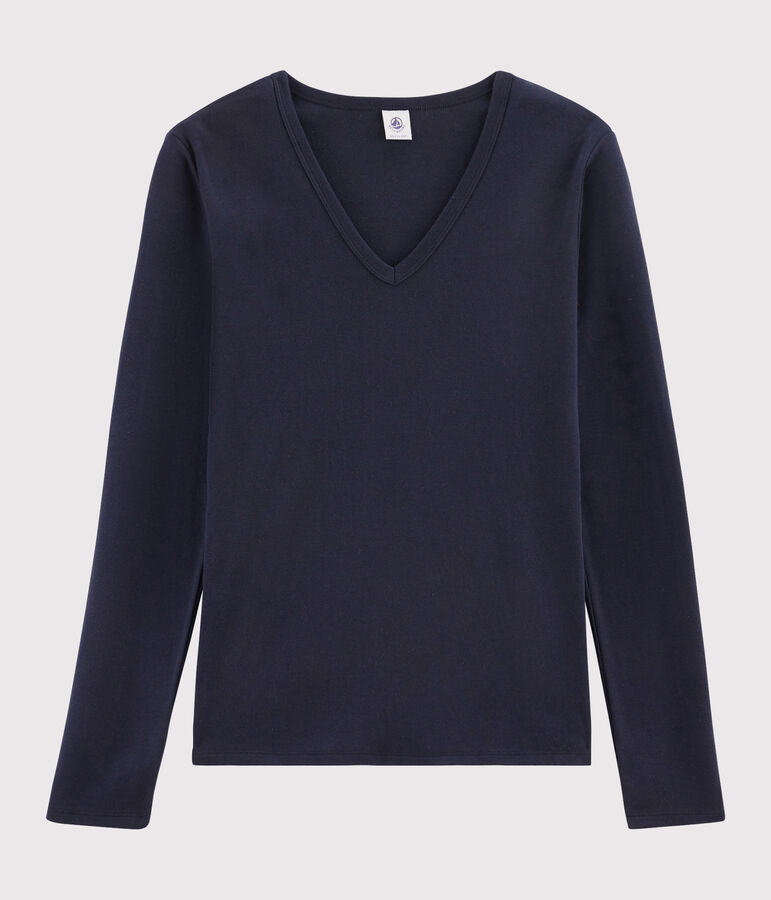 Camiseta de cuello de pico emblem&aacute;tica de algod&oacute;n de mujer azul