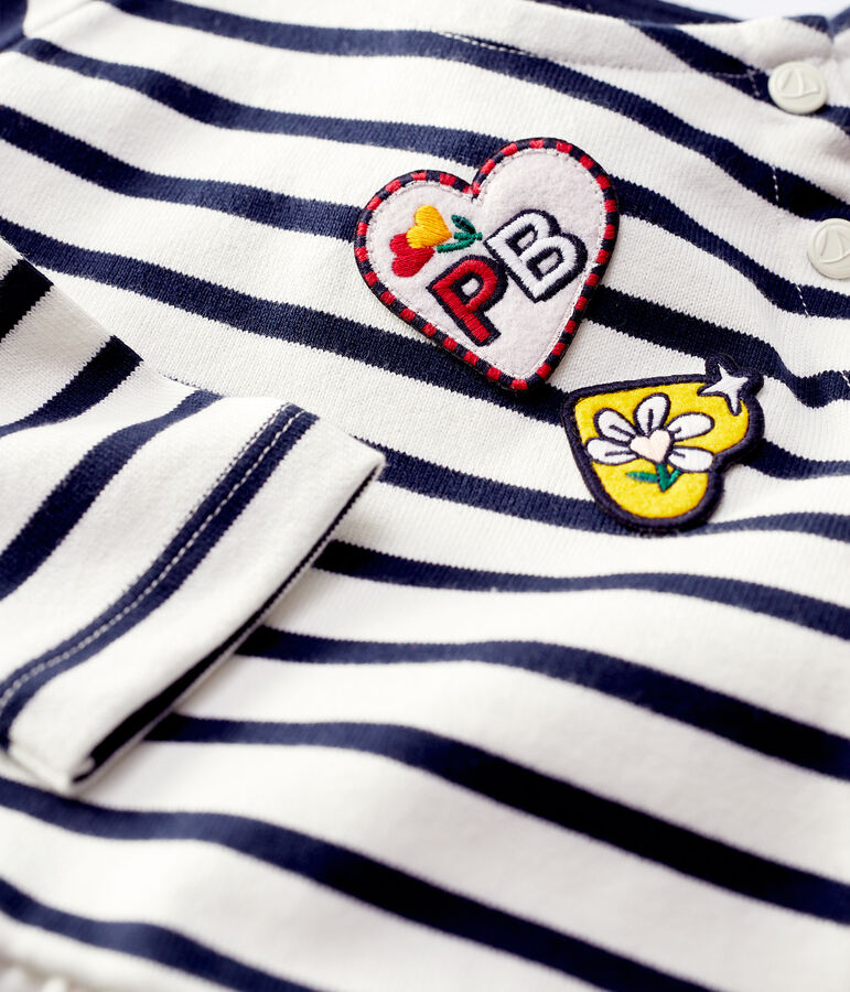 Vestido de manga larga de algod&oacute;n de ni&ntilde;a blanco/azul