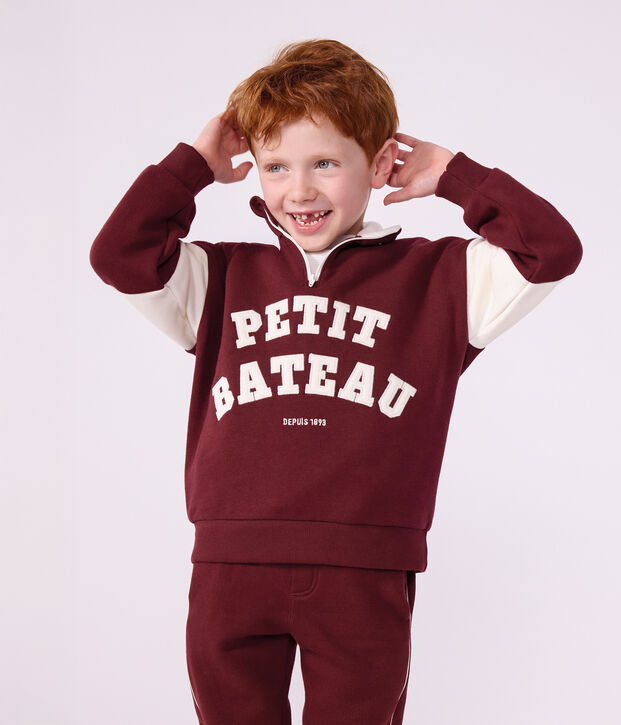 Sudadera infantil lisa colorblock de algod&oacute;n con cremallera en el cuello rojo/crudo