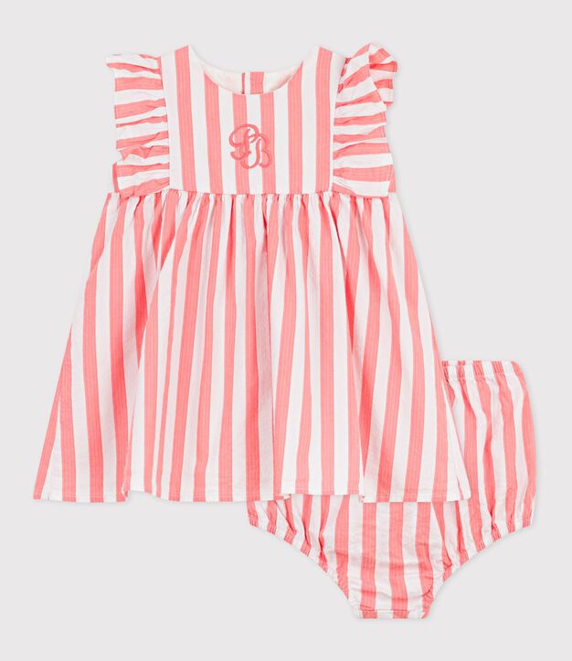 Vestido de algod&oacute;n sin mangas y pololo a rayas para beb&eacute; rosa/blanco