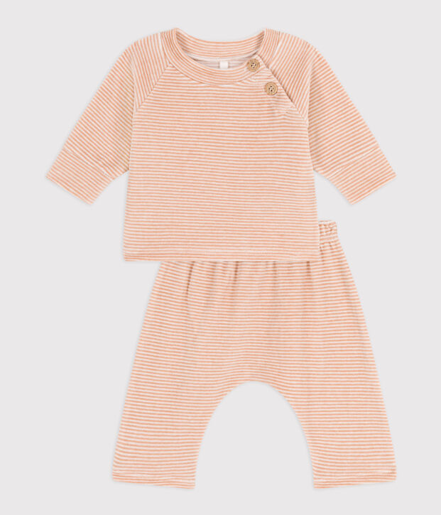 Conjunto de 2 piezas de beb&eacute; de terciopelo de algod&oacute;n beige/blanco