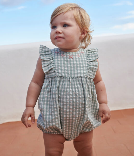 Pelele de algodón sin mangas con estampado vichy y cuello bordado para bebé azul PAUL/blanco MARSHMALLOW