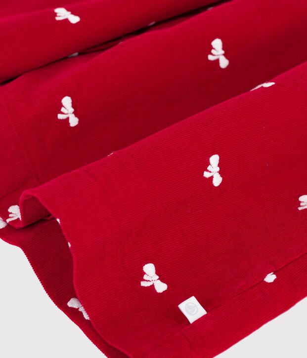 Vestido infantil de terciopelo de manga larga con estampado de lazos rojo/crudo