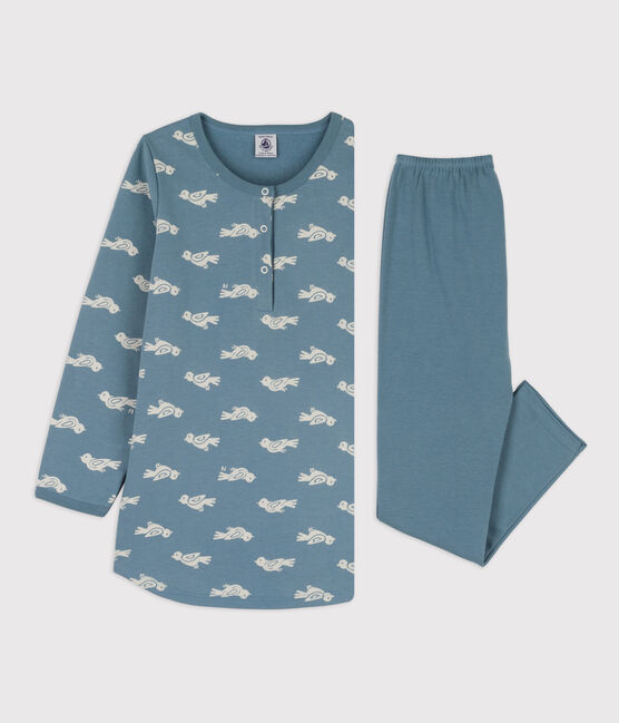 Camisón y leggings de felpa y algodón con pájaro para niña azul ROVER/blanco MARSHMALLOW