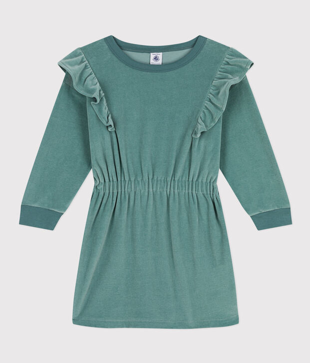 Vestido de manga larga de rizo de terciopelo liso de ni&ntilde;a verde