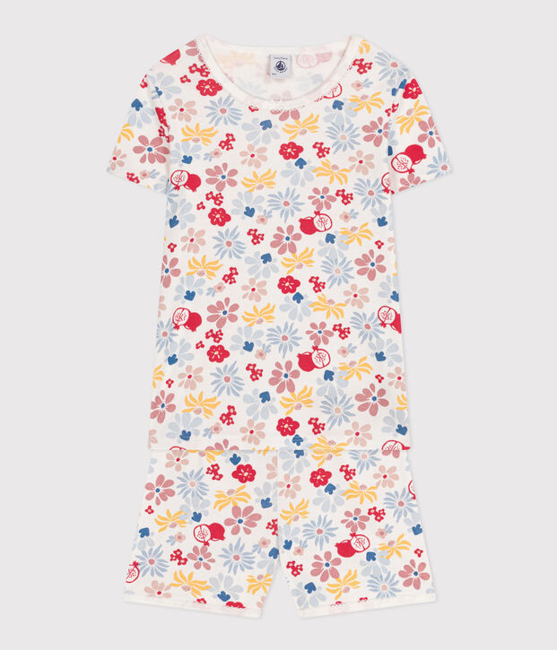 Pijama corto infantil de algod&oacute;n con estampado de flores blanco/multicolor