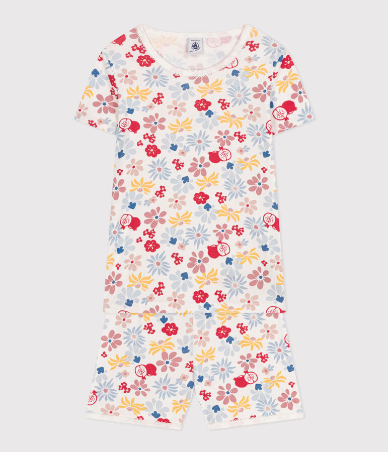 Pijama corto infantil de algod&oacute;n con estampado de flores blanco/multicolor