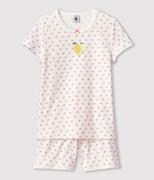 Pijama corto de lunares rosas de ni&ntilde;a de algod&oacute;n blanco/rosa