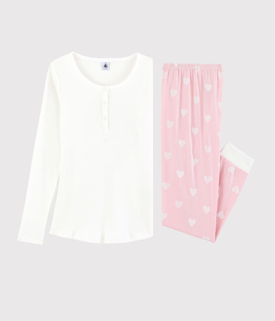 Pijama de algodón de chica/mujer blanco MARSHMALLOW/rosa MINOIS