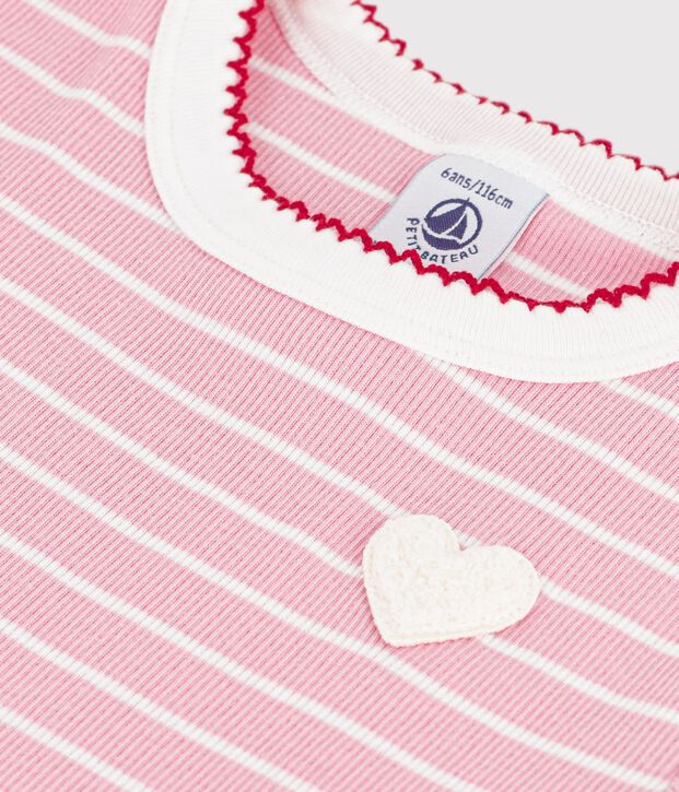Vestido infantil de algod&oacute;n de manga corta a rayas rosa/blanco