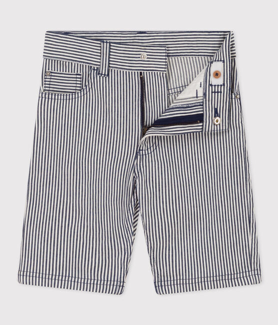 Bermudas de tela de algodón a rayas para niño azul MEDIEVAL/blanco MARSHMALLOW
