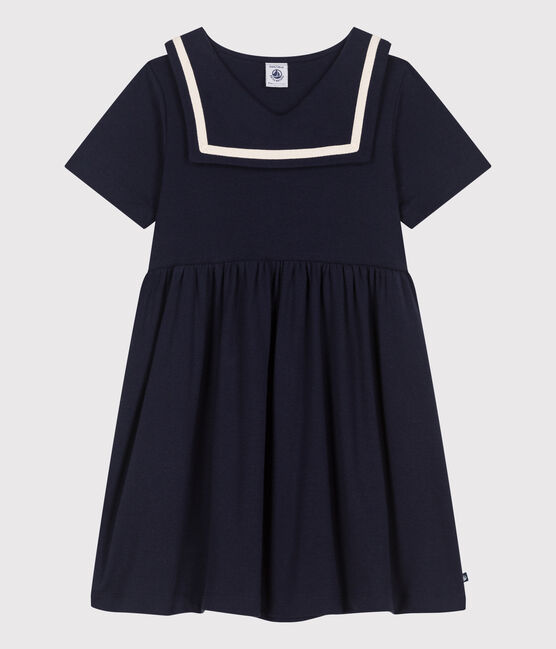 Vestido infantil liso de algodón de manga corta azul SMOKING