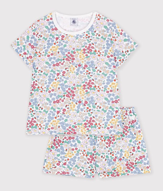 Pijama corto infantil de algod&oacute;n con flores blanco/multicolor