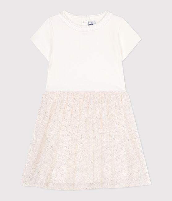 Vestido infantil de manga corta de algodón y tul blanco MARSHMALLOW/rosa COPPER