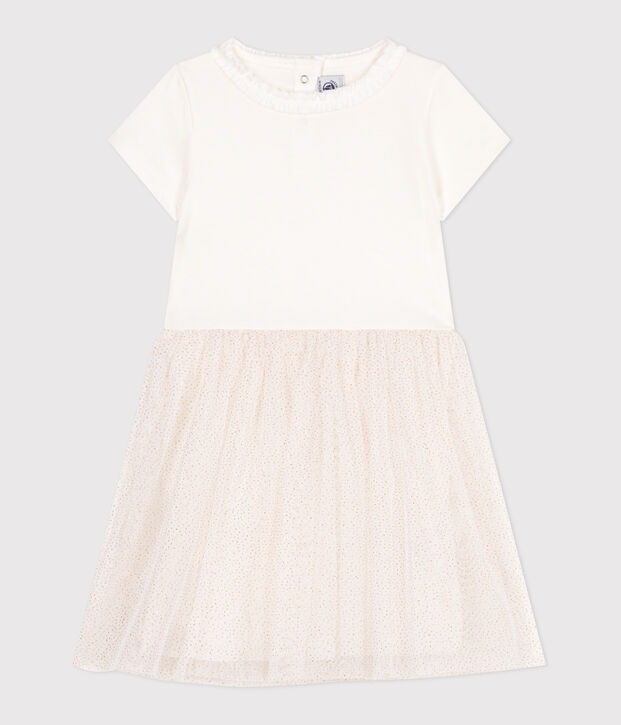 Vestido infantil de manga corta de algod&oacute;n y tul blanco/rosa