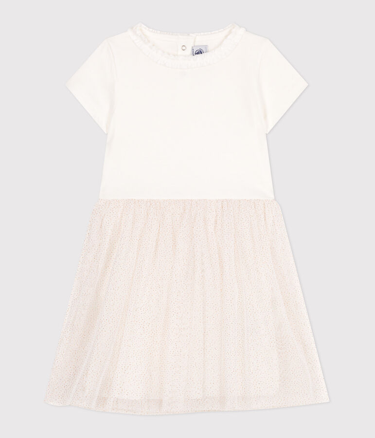 Vestido infantil de manga corta de algod&oacute;n y tul blanco/rosa