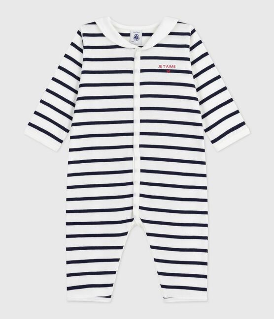 Pijama sin pies de algodón con cuello barco estampado de rayas para bebé blanco MARSHMALLOW/azul SMOKING