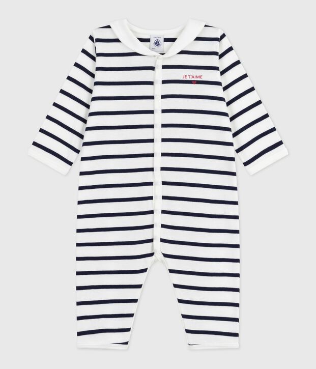 Pijama sin pies de algod&oacute;n con cuello barco estampado de rayas para beb&eacute; blanco/azul