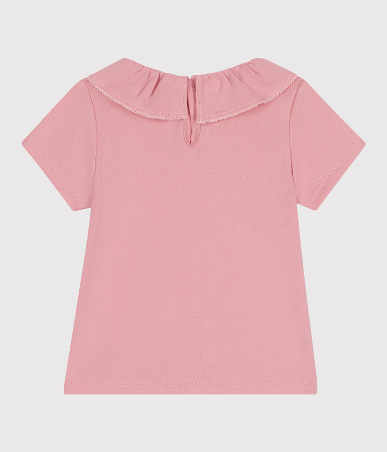 Camiseta infantil lisa de manga corta de algod&oacute;n con cuello rosa